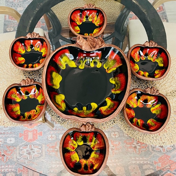 Gorgeous Vintage MCM Apple Design California Pottery Sequoia Ware Salad Set-7 - Picture 4 of 8